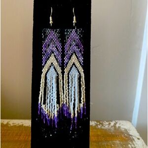 Boho Beaded Tassel Earrings! Shimmering black, white and purple.